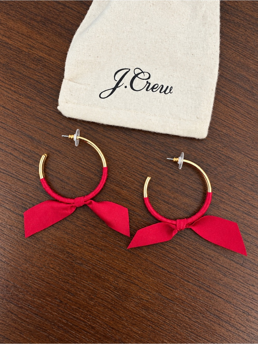 J.Crew - Ribbon-Wrapped Hoop Earrings, Crimson Red Bow, Gold